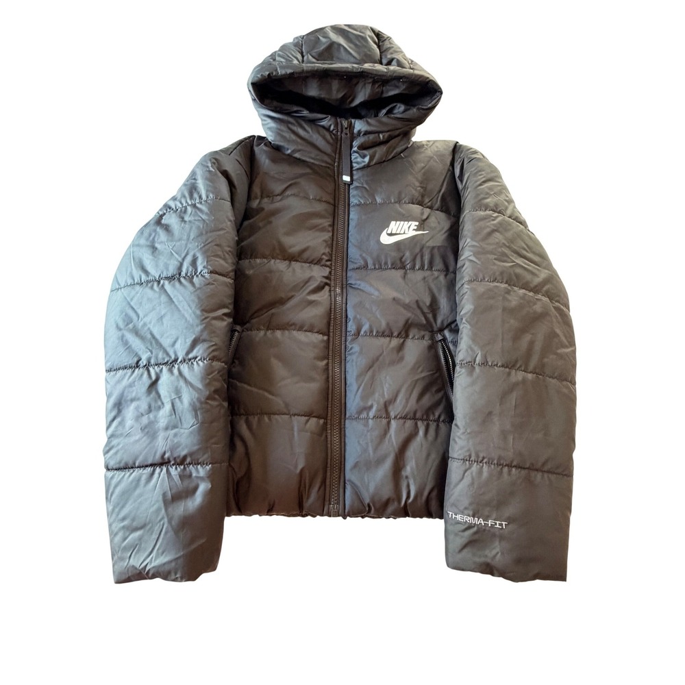 Nike Therma-FIT Puffer Jacket XS Black Hooded Big Swoosh DJ6995-010 Mens